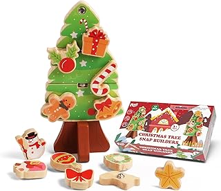 HUZU Christmas Tree Snap Builders 2025 – Wooden Building Blocks, 3D Puzzle, DIY Montessori Fine Motor Toy, Christmas Ornaments, Decor, Gifts for Grandkids, Stocking Stuffers for Kids, Boys & Girls