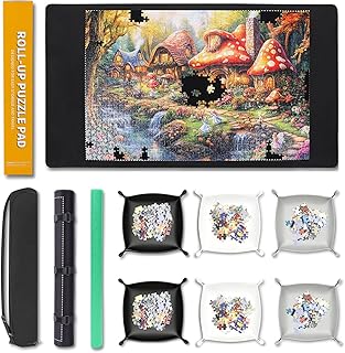 Lwoeo Jigsaw Puzzle Mat Roll Up 1000 Pieces, Smooth Top Saver Pad 34.6" x 22.8" with 6 Sorting Trays & Travel Storage Bag for Sorting Table, Board, Portable Puzzles Matt Rollup Non-Slip Rubber Bottom