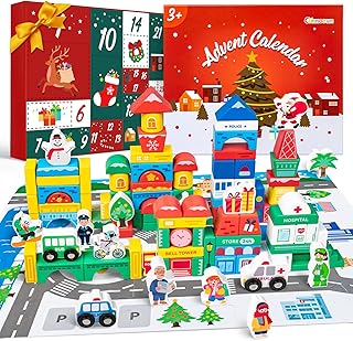 Christmas Advent Calendar Gifts for Kids, Commodum Wooden Building Blocks Set, City Construction Stacking Preschool Learning Toys, 24 Days Xmas Countdown Montessori Gifts for Toddlers Boys Girls 3+