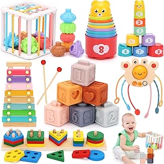 6 in 1 Montessori Baby Toys 6-12-18 Months Infant Teething Toys Stacking Blocks Rings Sensory Bin Sorting Sensory Educational Learning Toys for Toddlers 1-3 Years Old Perfect Toddler Gift