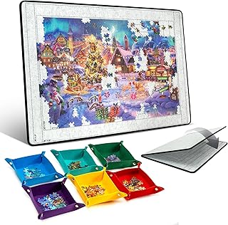 Jigsaw Puzzle Board with 6 Sorting Trays, Foldable Puzzle Mat with Felt Cover for Puzzle Storage Saver, Lightweight & Portable, for 1000 1500 Piece Jigsaw Games