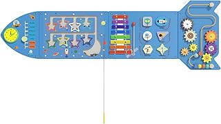Montessori Busy Board - Blue Rocket Activity Wall Panels, Wall Toys for Toddlers 3+, Sensory Panels for Kids, Wooden Activity Cubes, Playroom Daycare Toys, Toddler Sensory Board (4PCS)​