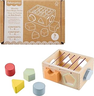 Fisher-Price Wood Baby Toy Flexi Shape Sorter, 7-Piece Wooden Activity with Elastic Bands for Infants & Toddlers Ages 9+ Months