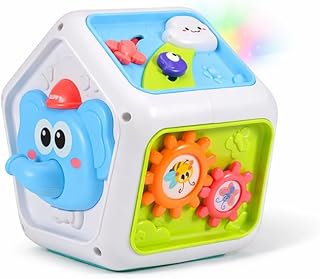 7-in-1 Baby Activity Cube with Lights & Music, Sensory Busy Cube with Detachable Musical Hanging Toy for Crib & Playpen, Learning Sensory Baby Toys Medium Busy Board Cube for Birthday Gifts
