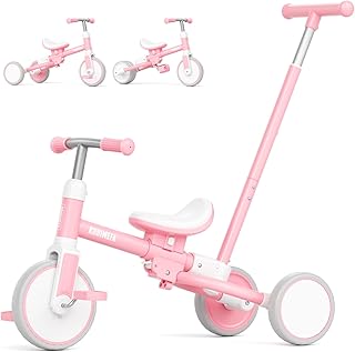 KORIMEFA 5-in-1 Tricycle for Toddlers 1-3, Toddler Bike with Push Handle & Removable Pedals, Adjustable Seat Toddler Tricycle, Easy Assembly, Pink