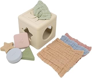 Silicone Shape Sorter & Tissue Box Toy with Organic Muslin Cotton Cloths - Baby Toys for Development - Montessori Learning Toys for 1 Year Old-Educational Non-Toxic Toy