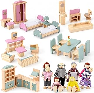 Sumind Wooden Dollhouse Furniture Set with Family Figures Dolls, 43 Pcs Imaginative Play Accessories for Kids, Fits Most 1:12 Dollhouses (1-inch Scale), Birthday (Cute Style)