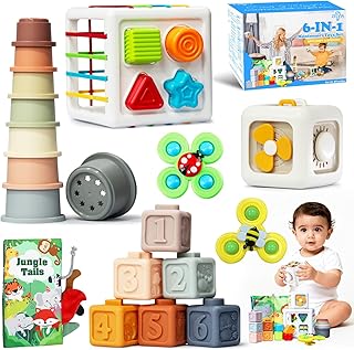 6 in 1 montessori baby toys for 6-36 months old-incl Busy Cube,stacking cups,Shape Sorting Bin,baby blocks,crinkle books, suction cups spinners,Sorting Learning Sensory Toys Gift for Babies Aged 1-3