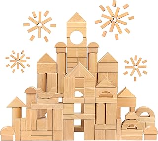 100pcs Natural Beech Wooden Building Blocks for Toddlers 1-3, Wooden Blocks for Baby Shower with Storage Bucket, Montessori Toys for Preschool Girls and Boys