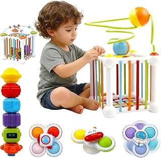 Montessori Toys for Toddlers 18 Months+, 16PCS Baby Activity Cube with Shape Sorter, 3 Suction Cup Spinner Toys, 2 Bead Mazes, Ball Rolling Track, Developmental Learning Gifts for Boys Girls