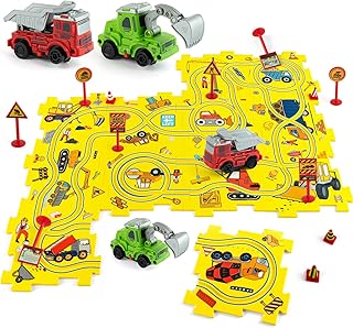 Plastic Puzzles for Kids Ages 3-5 with Toy Cars (Excavator + Dump Truck), Toddler Puzzle Track Car Play Set, Critical Thinking Educational Toys, Toys for 3 4 5 6 Year Old Boys Girls