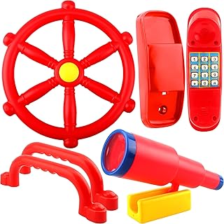 5 Pcs Kids Playground Accessories for Kids Outdoor Plastic Steering Wheel Swingset Phone Pirate Telescope Telephone Safety Handle for Child Backyard Tree House Playhouse Jungle Gym (Red Set 1)