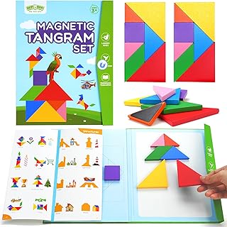 BenBen Travel Tangram Puzzle with 2 Sets Magnetic Wooden Shapes, Extra Large Dual-Sided Magnet Surface, Color Pattern IQ Book，Road Trip Car Plane Game，Educational STEM Travel Toys for Kids Adults