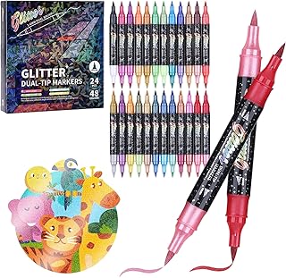 Glitter Brush Markers Pens,48 Colors Dual Tip Glitter Pens Set 24 Pack Metallic Sparkle Markers for Cards, DIY Crafts, Doodle, Writing, Adults Coloring Books, Art Supplies Scrapbooking