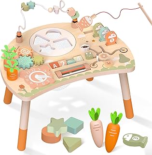 Activity Table, 9-in-1 Wooden Montessori Toy Activity Center with Shape Sorter Fishing Game Bead Maze, Baby Play Table Sensory Educational Toys for Toddler