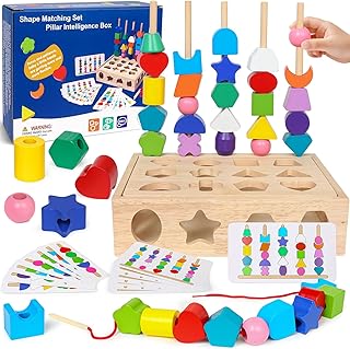 Wooden Sorting Toy Montessori Color & Shape Sorter Lacing Beads Sequencing Toy Class Activity Toddlers Fine Motor Game for Colors and Shapes Learning, Birthday Valentine's Gifts for Boys and Girls