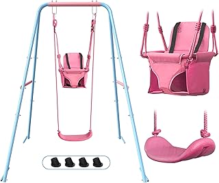 2-in-1 Toddler Swing Set with Foldable Stand, Baby Swingset with 2 Types of Anchors for Indoor & Outdoor, 1 Belt & 1 Soft Swing Seat with Safety Harness & Height Adjuster for 6 Months and Older Kids