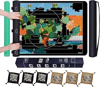 Jigsaw Puzzle Mat Roll Up, Saver Pad 53” x 35” Non-Slip Rubber Bottom & Smooth Top Portable Keeper Up to 3000 Pieces with 6 Puzzle Sorting Trays & Travel-Friendly Storage Bag