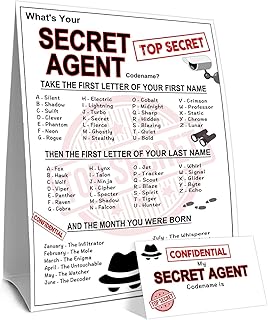 What's Your Secret Agent Name Game Card Set, Spy Codename Generator Game Card, Secret Agent Birthday Party Game Cards, 1 Agent Name Sign, 30 Spy Names Sticker, Birthday Party Decor for Boys Girls
