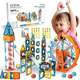 Motorized Marble Run Set – 107-Piece Magnetic Tile Building Toy with Ferris Wheel & Elevator, STEM Marble Maze Game for Kids Ages 6-12, Educational Gift with Lights & Music