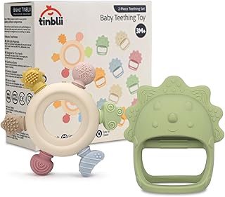 Baby Teething Toys 2 Pack, Dinosaur Mitten Teether and Ring Sun Teether with 6 Chewing Points, Silicone Chew Toys for Infants 0-6 6-12 Months, BPA Free Soothing Gum Relief Set (Green)