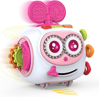 Musical Montessori Toys, Cube Sensory Toys for Toddlers 1-3 with Light-up, Baby Busy Educational Learning Activities Robot Toy for for 1 2 3 Year Old - Pink