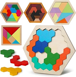 5 Pack Wooden Brain Teaser Puzzles Sets for Kids,Montessori Brain Blocks Logic Tangram Geometric Shapes Puzzle Matching Games Easter Basket Stuffers Gifts for All Ages Boys Girls