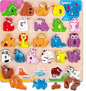 SYNARRY Wooden Alphabet Puzzle, 52 Pieces ABC Puzzles for Kids Ages 3-5, Alphabet ABC Letter Blocks Puzzles for Toddlers 2-4, Wooden Animals Letter Matching Game, ABC Alphabet Preschool Learning Toys