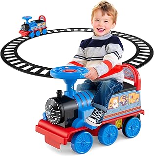 OLAKIDS Kids Ride On Train with Track, 6V Electric Toy with Lights and Sounds, Retractable Footrest, Under Seat Storage, Christmas Theme Battery Powered for Toddlers Boys Girls (1 Seater, Circus)
