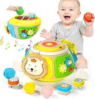 7-in-1 Activity Cube Drum Montessori Toys for Baby, Busy Toys for Toddlers with 9 Sensory Shape Blocks, Music & Light Educational Toys Christmas Birthday Gifts for Kids Boys Girls
