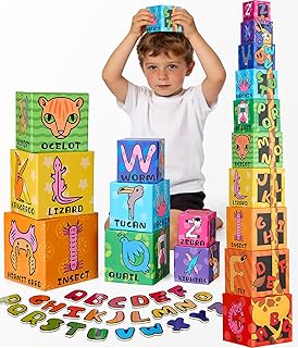 Atoylink Magnetic Alphabet Nesting Stacking Blocks for Toddlers, 10-Piece Educational Toys with ABC Letters, Numbers 0-9, 26 Animals, Sorting Storage Cubes for Kids Age 18 Months 6 Year