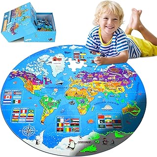 Glow in The Dark World Map Puzzles for Kids 4-6, 70 Pieces Large Globe Floor Puzzles for Kids Ages 6-8 Continents Geography Puzzle Educational Learning Toys for Children
