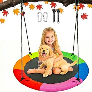 Saucer Tree Swing for Kids Outdoor, Textilene Fabric Tear & UV Resistant Waterproof, Round Disc Circle Swings, Swing-Set for Backyard Garden Playground (40inch | Multicolored)