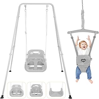 4-in-1 Toddler Swing Set & Baby Jumper and Bouncer for Toddlers, Foldable Baby Swing Stand for Outdoor Indoor Play, Easy to Assemble and Store for Ages 6 Months to 10 Years Old (Grey)