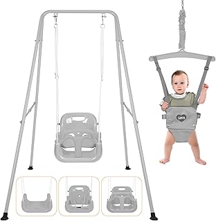 4 in 1 Toddler Swing Set & Baby Jumper, Heavy Duty Kids Swing with Bouncer, Foldable Metal Stand for Indoor & Outdoor, Easy Install & Store (Gray)