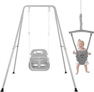 Toddler Swing Set and Baby Jumper, Foldable Baby Swing Set with Metal Stand for Indoor & Outdoor Use, Baby Bouncer Jumper Durable Swing Set for Aged 1-10 Years, Grow with Your Child