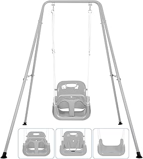 3-in-1 Toddler Swing Set, Indoor & Outdoor Baby Swing Set with Foldable Metal Stand for Backyard, Safe and Durable Design for Aged 1-10 Years, Easy to Assemble & Store