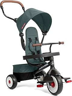 Radio Flyer City 4-in-1 Stroll 'N Trike, Teal, for Riders 1-5 Years Old, 4 Riding Modes, 3 Point Harness with Comfort Pad, Parent Controlled Steering, Rear Storage, Stroller Tricycle for Toddlers