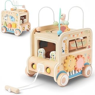 Wooden Pull Along Activity Cube Toys, Montessori Toys for 1 2 3 Year Old Baby Toddlers, Baby Activity Cube for 1 Year Old, 1st First Birthday Gift