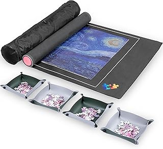 Rubber Puzzle Mat- Jigsaw Puzzle Mat Roll Up for 1000 and 1500 Pieces - Portable Mat with 4 Sorting Trays - Non-Slip Rubber Bottom Storage and Keeper - 46 x 26 Inches