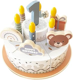 Pretend Play Food for Toddlers 2-5,Wooden Birthday Fake Cake with Candles and Numbers,Tea Party Learning Kitchen Gift Toys for Boys Girls (Grey Cake)
