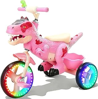 NMM Dinosaur Tricycle for Toddlers, Kids Trike with Music, LED, Tricycles for 3-5 Year Olds, for Rider, Big Wheel, Storage Basket, Horn, Toddler Bike for Boy, Dinosaur Toys for Kids 2-4 4-7