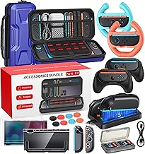 Switch 2 Accessories Bundle, 20 in 1 Game Kits, Hard Shell Carrying Case, Switch 2 Controller Charger, Screen Protector,Grips for Joy Con,Steering Wheels for Mario Kart, Clear Protective Cover Case（Gift Pack） (Blue)