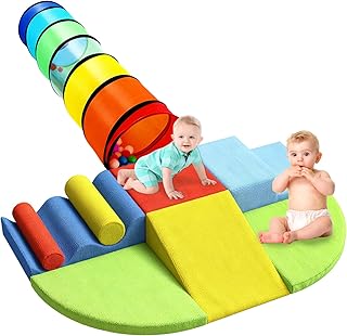 Climbing Toys for Kids Toddlers, 9-Piece Soft Foam Climbing Blocks Set&Crawl Through Tunnel, Toddler Playtime Corner Climber Indoor Foam Play Gym for Climbing Crawling and Sliding