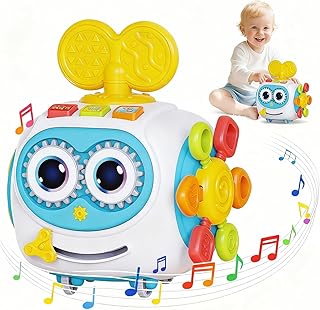 MoraBaby Robot Musical Busy Cube for Toddlers 1-3 Years Old, Montessori 6-in-1 Activity Cube with Lights & Sounds, Wheels for Tummy Time & Crawling Training, Birthday Gifts for Baby boy & Girl
