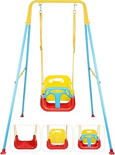 3-in-1 Toddler Swing Set, Indoor & Outdoor Baby Swing Heavy Duty Swing Set with Foldable Metal Stand for Aged 6 Months to 10 Years Old, Easy to Assemble and Store (RedBlue)