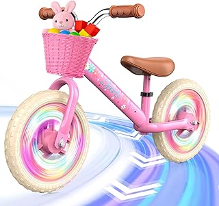 Adjustable Toddler Balance Bike for 2-5 Years Old,Kids Balance Bike with Basket,Kids Bicycle for 2 3 4 5 Years Old Girl Birthday Christmas Toy Gift,Soft Seat & Handlebar,Puncture-Proof LED Tire,Pink
