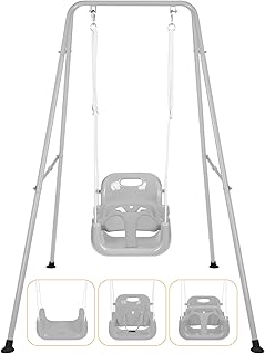 3-in-1 Toddler Swing Set, Foldable Baby Swing with Stand, Indoor & Outdoor Kids Swings Sets, Multifunctional Swings for Home Backyard, Easy to Install and Store (Gray)