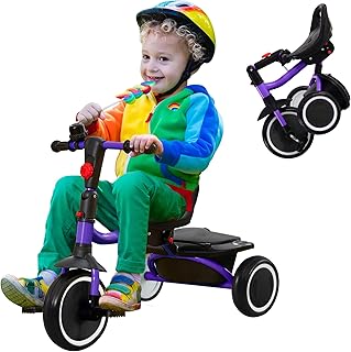 Toddler Tricycle, Kids Tricycle with Bell, Foldable Kids Trike for Age 18 Months to 5 Years, Baby Trike with Adjustable Seat, Gift for Boys and Girls, Purple