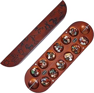 Wooden Mancala Board Game Set, Large 15.8 Inch Folding Board with 100 Multi Color Stones, 2-Player Classic Family Strategy Game for Kids & Adults, Portable Travel Mancala with Instructions